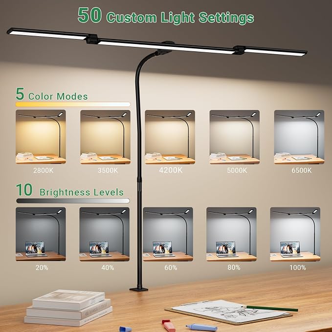 LED Desk Lamp for Home Office,3 Lamp Bars, 5 Color Temperatures & 10 Dimming Brightness, Flexible Neck, 15W USB Adapter Desk Light with Clamp for Reading, Study, Craft (Black) - Image 4