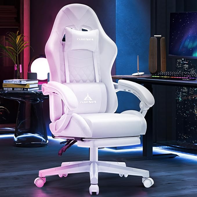 White Gaming Chair,Ergonomic Massage Office Desk Chair with Footrest | Pocket Spring Cushion,Reclining,Thick High Back,Headrest and Lumbar Support,Adjustable Leather Computer Chair Gamer Chair - Image 2