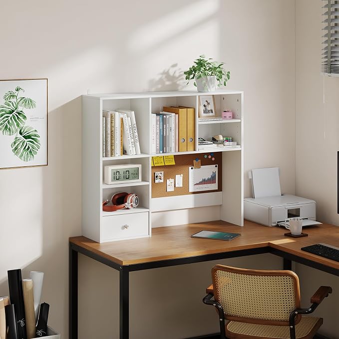 Desk Hutch Dorm with Cork Board, Shelves and Drawer | Desktop Bookshelf for College Dorm, Student Bedroom, White - Image 8