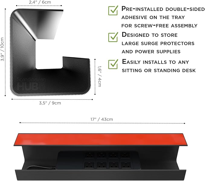 No-Screw Under Desk Cable Management Tray - Self-Adhesive Installation, Cord Management, Cable Tray, Under Desk Wire Organizer - Black Set of 2 - Image 6