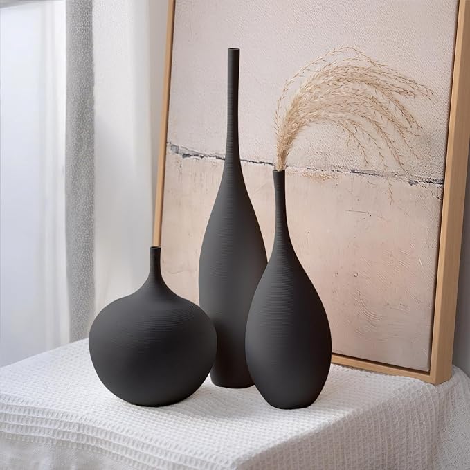 Relexome Black Ceramic Vase Modern Boho Wabi-Sabi Flower Vase Set of 3 Decorative Aesthetic Vases for Centerpieces Matte Minimalist Vases for Living Room Table Shelf Home Decor Gift - Image 9