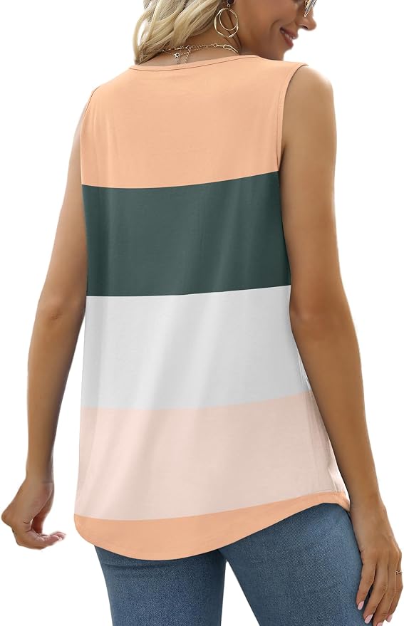 Saloogoe Summer Tank Tops for Women Loose Fit Pleated Square Neck Sleeveless Tops Curved Hem Flowy - Image 4