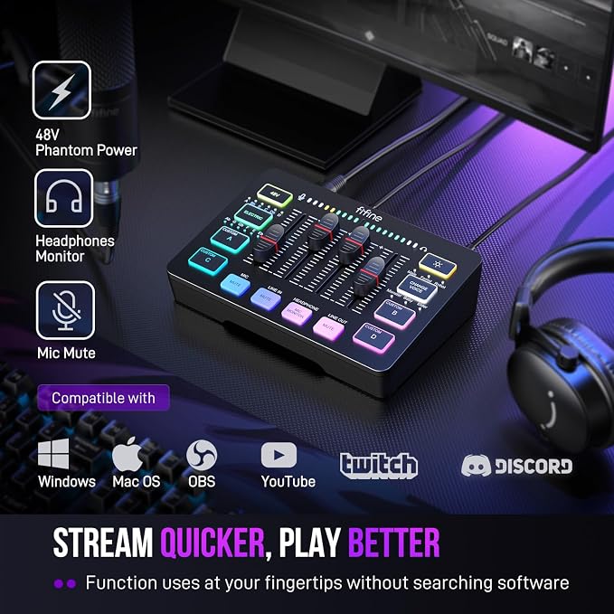 FIFINE Gaming Audio Mixer, Streaming RGB PC Mixer with XLR Microphone Interface, Individual Control, Volume Fader, Mute Button, 48V Phantom Power, for Podcast/Recording/Vocal/Game Voice-AmpliGame SC3 | USB PnP For PC,Mute Button,XLR Preamp,RGB,Voice ch... - Image 7