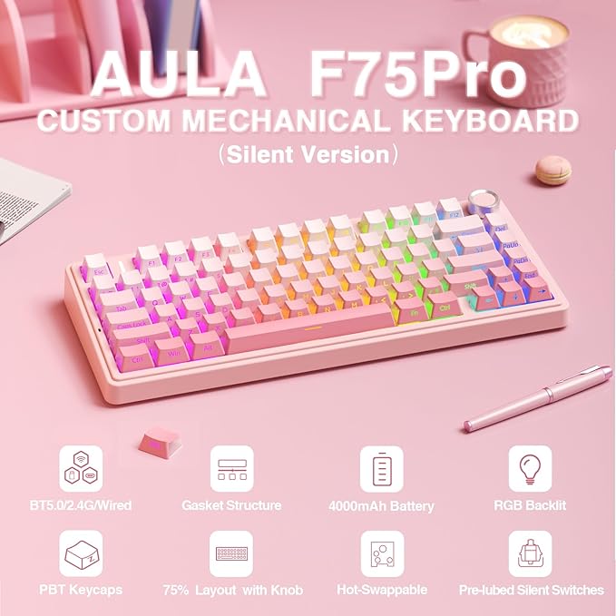 AULA F75 Pro Wireless Mechanical Keyboard Silent Version,75% Hot Swappable Custom Keyboard with Knob,RGB Backlit,Pre-lubed Switches,Side Printed PBT Keycaps,2.4GHz/USB-C/BT5.0 PC Gaming Keyboards,Pink - Image 2
