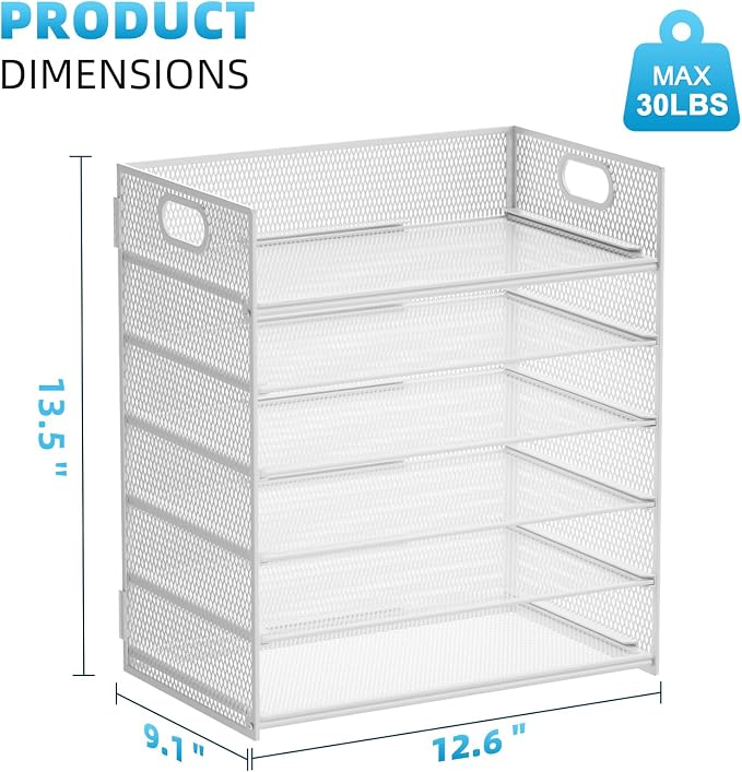 Marbrasse 6 Tier Paper Organizer Letter Tray - Mesh Desk File Organizer with Handle, Paper Sorter for Letter/A4 Office File Folder Holder - White - Image 3