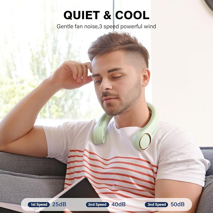 Morelax Neck Fan, USB Rechargeable Personal Fan,Hand Free Bladeless Portable Fans,4000 mAh, 3 Speeds,72 Air Faster softer 360° Cooling, Ultra Quiet,Gift Suitable for Home, Office, Travel, Sports Green - Image 6
