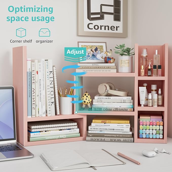 NUTIKAS Desk Shelves Desktop Organizer Shlef - Pink Office Organization for Top of Desk Organizers and Accessories Corner Bookshelf Table Top Shelving Small Hutch Decorations for Office - Image 6