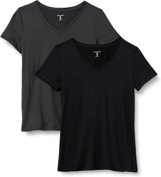 Amazon Essentials Women's Active Quick Dry Tech Stretch Short-Sleeve V-Neck T-Shirt (Available in Plus Size), Pack of 2 by AmazonEssentials