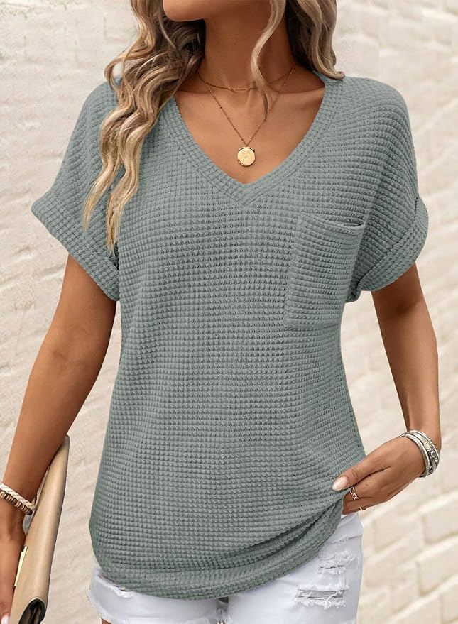 Dokotoo Womens Waffle Knit Tops 2026 Spring Summer V Neck Shirts Casual Trendy Women's Blouses Basic Tee - Image 2