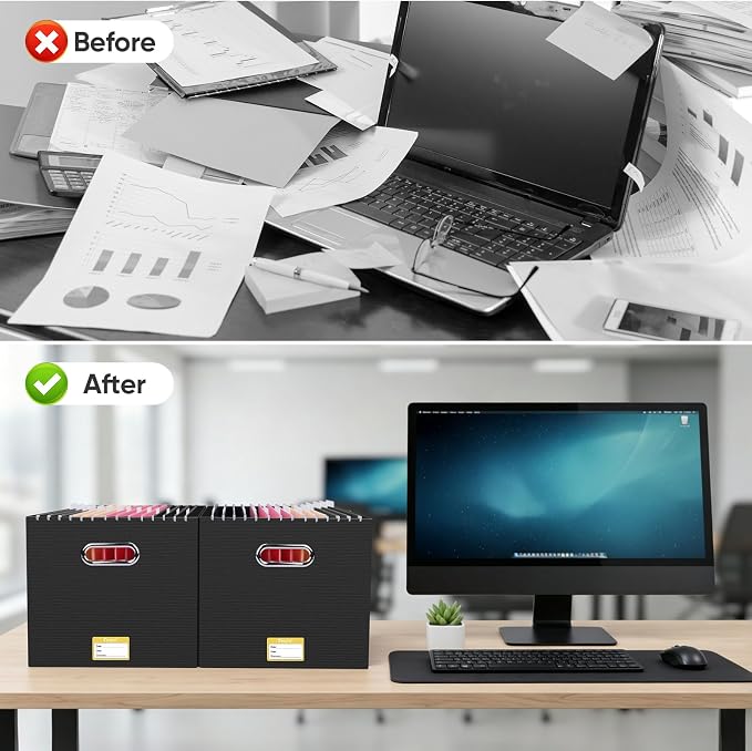 BALEINE File Organizer Box, Cardboard File Folder Organizer with Handle for Letter Size, Portable Collapsible Hanging Filing Box for Home Office Document Storage (2 Pack, Large Black) - Image 7