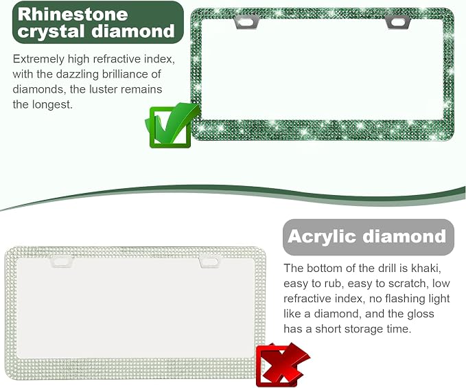 QUANQIUFEI 2 Pack Bling License Plate Frames for Women, Sparkly Rhinestone Diamond Car Accessories with Glitter Crystal Caps (Dark Green) - Image 3