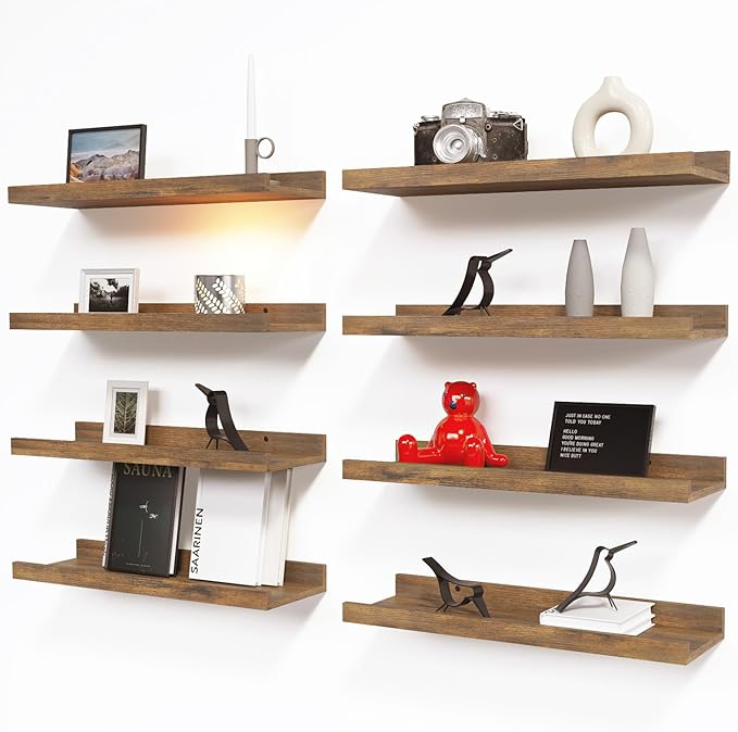 RICHER HOUSE 8 Set Floating Wall Mounted Shelves, Nursery Hanging Book Shelves with Lip for Storage, Display Picture Ledge Shelf for Bedroom Bathroom Kitchen Living Room Wall Decor, Rustic Brown | Display Picture Ledge Shelf, Anti-drop lip Shelf for Ro... by RicherHouse
