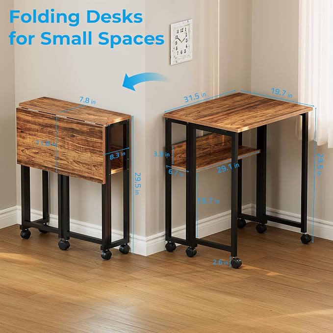 GreenForest Folding Desk with Wheels, 31.5" Rolling Table for Small Spaces | Storage Shelf, Lockable Casters, Compact Portable Workstation, Space-Saving Foldable Sofa Table, Home Office, Mobile, Walnut - Image 3