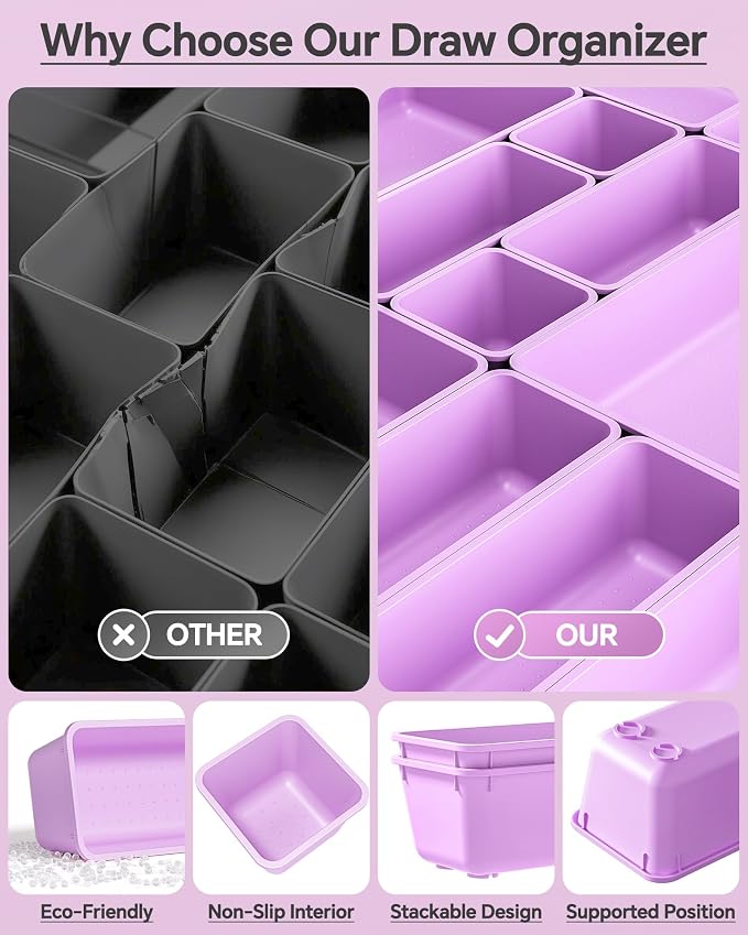 KEMETHY 25 PCS Plastic Drawer Organizers Set, 4 Sizes Vanity Organizer, Makeup and Desk Drawer Organizer Trays, Organization and Storage for Makeup, Bathroom, Kitchen Utensils and Office (Purple) - Image 5