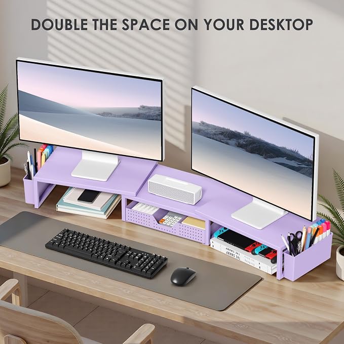 OPNICE Desk Organizers and Accessories, Dual Computer Monitor Stand Riser with Drawer and 2 Pen Holders, Office Desk Accessories, Workspace Desktop Organization for Office Supplies (Purple Metal ) - Image 4