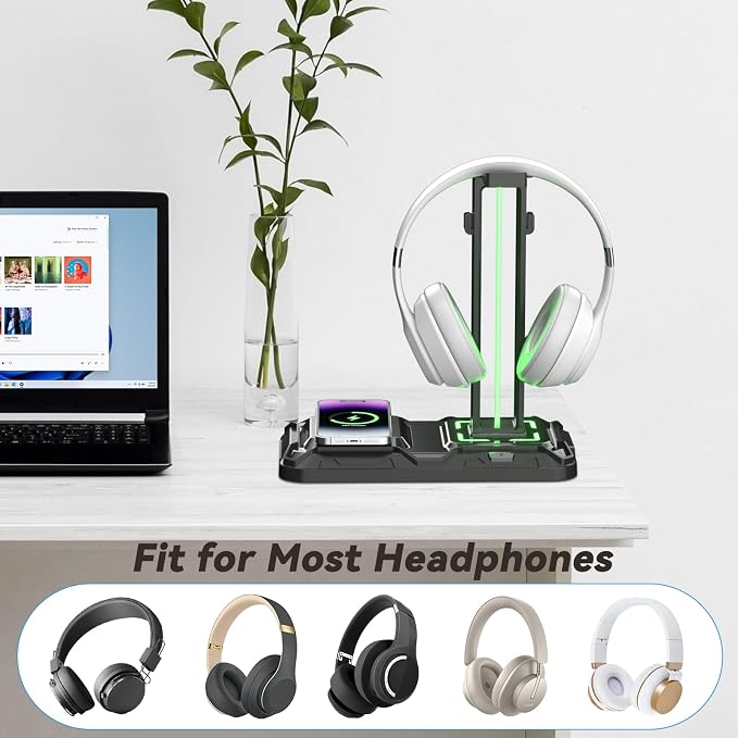 KDD Headphone & Controller Stand with Wireless Charging - Rotatable Headset Stand with 9 Light Modes - Controller Holder with 2 USB and Type C Ports - for Gamers Desktop Accessories - Image 5