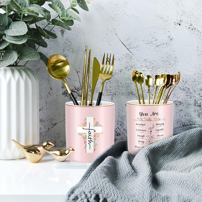 Ceramic Pen Holder for Desk Cute, Pencil Holder Cup, Makeup Brush Holder Pink, Multi-Functional Organizer for Office, Religious Style - Image 5