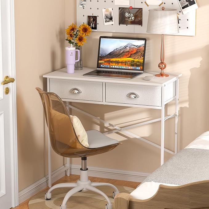 DAOUTIME Small Writing Desk for Kids Bedroom, 31.5 Inch Small Computer Desk for Small Spaces, Simple Desk with 2 Fabric Drawers for Home Office, Dorm, Living Room, Home Study Table, White - Image 6