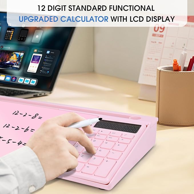 Varhomax Glass Desk Whiteboard Pink with Calculator, Desktop Dry Erase White Board with Storage, to Do List Memo Notepad for Home and Office - Image 3
