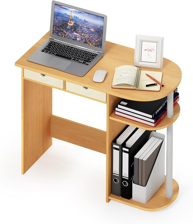 Furinno Go Green Desk, 31.5" Wide Gaming Desk with 2 Side Shelves and Storage Bins, Computer Desk, Office Desk for Home Office, Study Room, Dorm, Bedroom, Beech - Image 6
