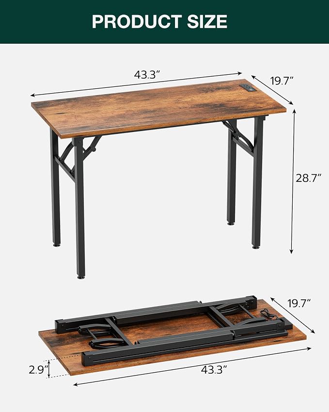 Frylr Small Folding Computer Desk – 43.3 Inch Portable Table for Craft and Study, Lightweight Desk for Small Spaces, Foldable Laptop Table Built-in AC/USB Outlets for Convenience, Rustic Brown - Image 2