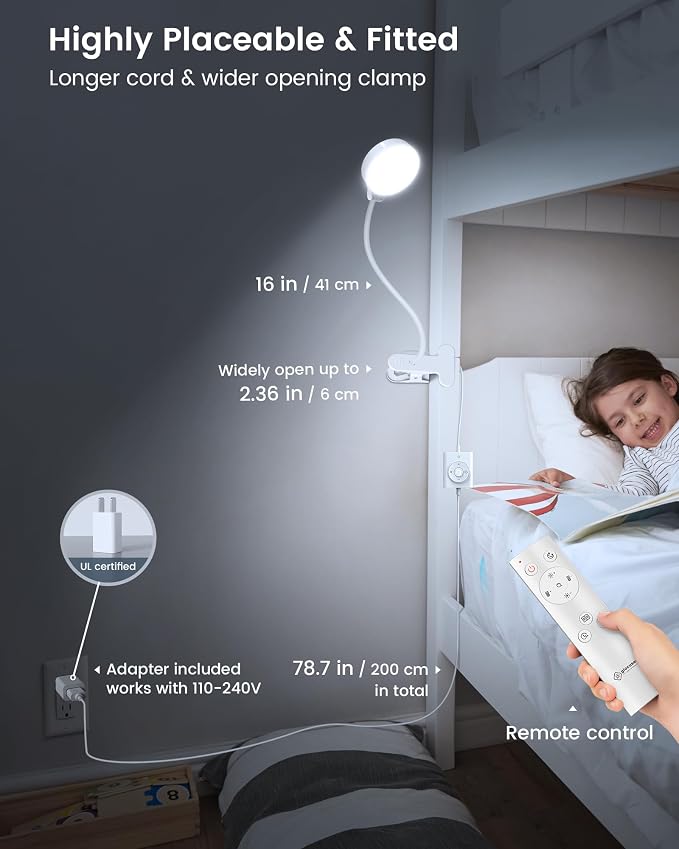Glocusent 5W Desk Lamp with Remote, 3 Colors & 5 Brightness Reading Lights | Flexible Gooseneck Clip on Lamp, 30-Min Timer Reading Lamp, Perfect Clip on Light for Bunk,Bed,Headboard,Table,Work,Craft - Image 6