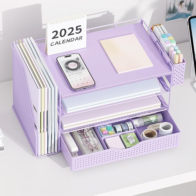 gianotter Wood Desk Organizers and Accessories with File Holder, 4-Tier Desk Accessories & Workspace Organizers with Drawer and Pen Holder, Desk Reference Organizer (Purple, 4T with Drawer) - Image 5