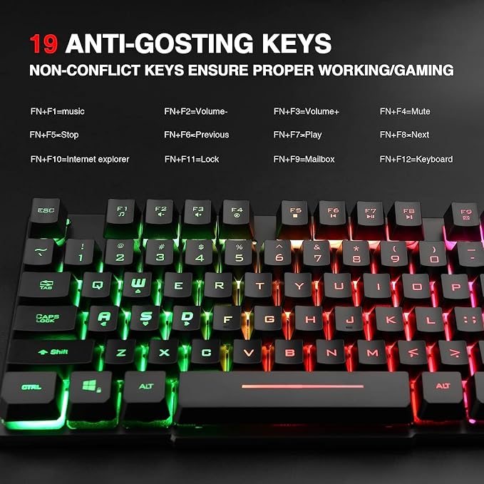 Rii RK100+ Multiple Color Rainbow LED Backlit Large Size USB Wired Mechanical Feeling Multimedia PC Gaming Keyboard,Office Keyboard for Working or Primer Gaming,Office Device - Image 5