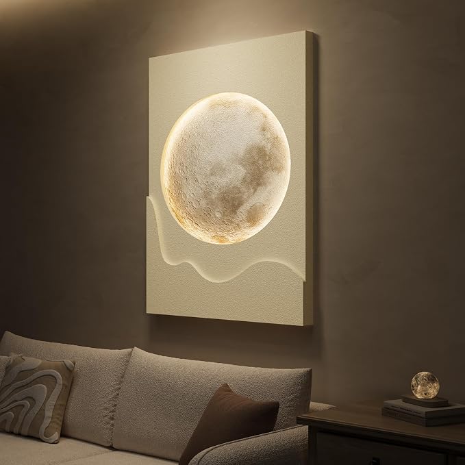 Cuspin Large Modern Minimalist White 3D LED Moon Wall Art 24x36 In | Warm lighted wall art, Cream tones wall decor, Lunar pictures, Soft textured wall art for living room bedroom dining room - Image 2