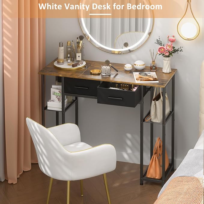 DAOUTIME Computer Desk with Drawers, 37.3 Inch Home Office Work Desk with Storage Shelf, Kids Teens Study Table for Small Space, Small Writing PC Table for Bedroom Makeup Vanity Desk, Brown - Image 6