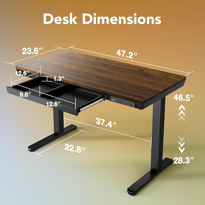 HUANUO Electric Standing Desk with Drawers, 48 X 24 Inch Electric Adjustable Height Desk, Quick Install One-Piece Tabletop with USB Charging Ports, Sit to Stand Up Desk for Home Office, Black Walnut - Image 2
