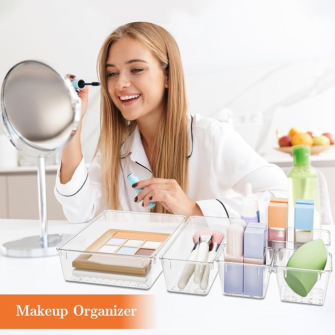 SpaceHacks 25 PCS Plastic Drawer Organizer Set, 4-Size Versatile Organizer Trays & storage Bins for Makeup, Jewelry, and Gadgets in Bathroom, Bedroom and Office,Clear White - Image 5