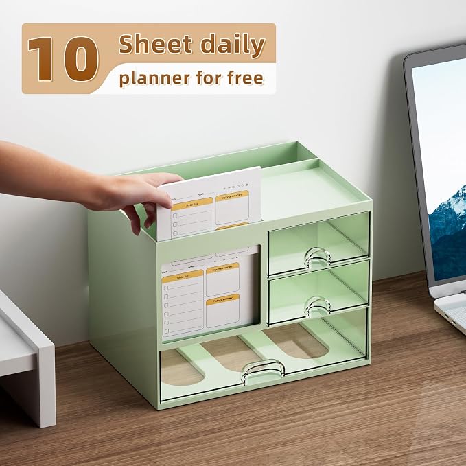 Marbrasse Desk Organizer with 3 Drawer, Multi-Functional Pencil Pen Holder for Desk, Desk Organizers and Accessories with 4 Compartments, Desktop Organizer Storage for Office Home Supplies (Green) - Image 3