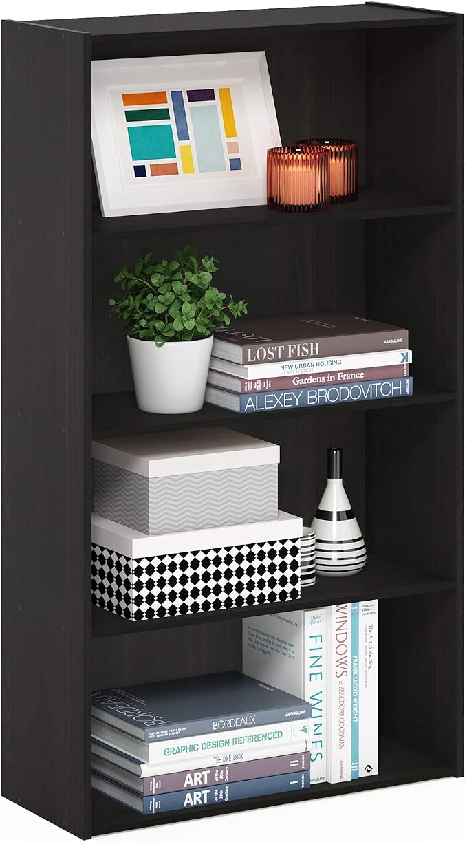 Furinno PASIR Book Shelf, 4-Tier Bookshelf, Bookcase with Open Shelf, 9.4 x 23.6 x 41.7, for Living Room, Bedroom, Home Office, Espresso by Furinno-FitsYourSpaceFitsYourBudget