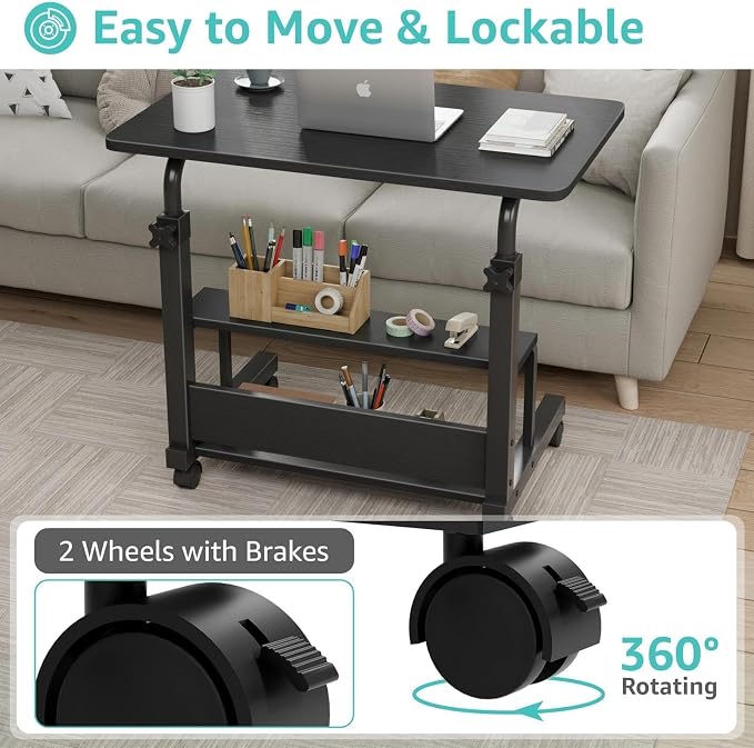 WINAZ Small Portable Rolling Kids Desk - 32" Mobile Laptop Desk with Wheels for Small Spaces, Height Adjustable C Shaped Side Table with 2-Tier Storage Shelves, Black - Image 7