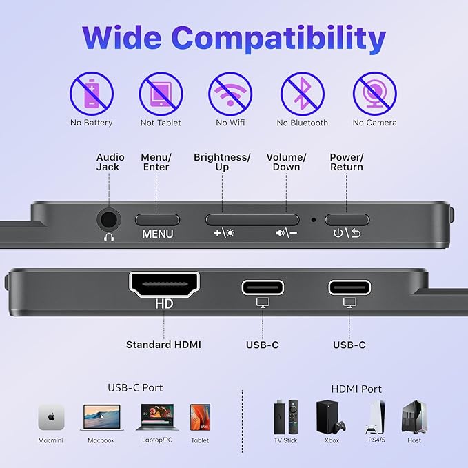 VisionOwl Portable Monitor for Laptop, IPS USB-C HDMI Travel Second Monitor for MacBook Pro Air, PC, PS5, Xbox, Portable Second Screen, Built-in Kickstand, Speakers, VESA Mountable, 15.6 - Image 7