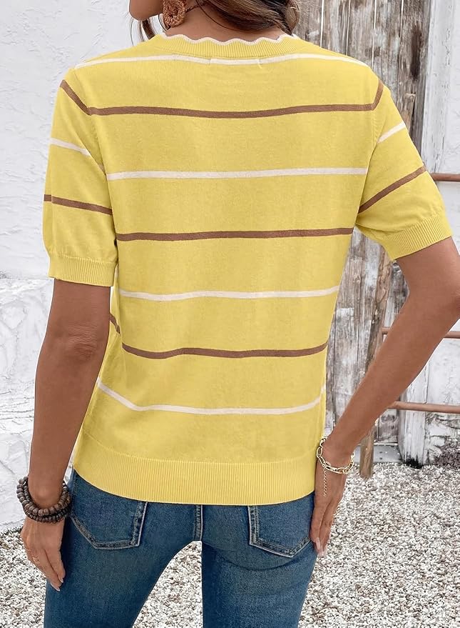 Dokotoo Womens Summer Short Sleeve Knit Tops 2026 Spring Trendy Casual V Neck Striped Sweater Blouses - Image 3