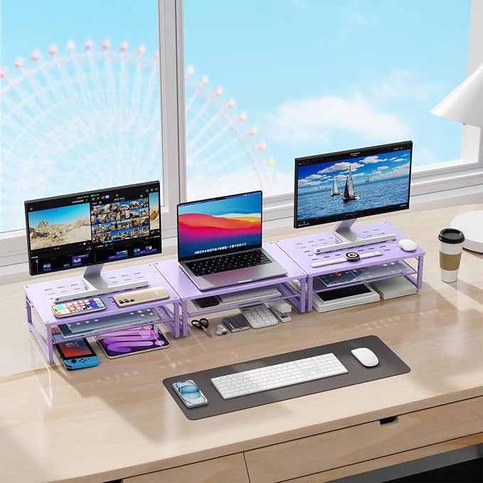 gianotter 2-Tier Metal Monitor Stand Riser, Office Desk Storage Organizer for Computer Monitor, Laptop, Printer, Office Supplies (Purple) - Image 6