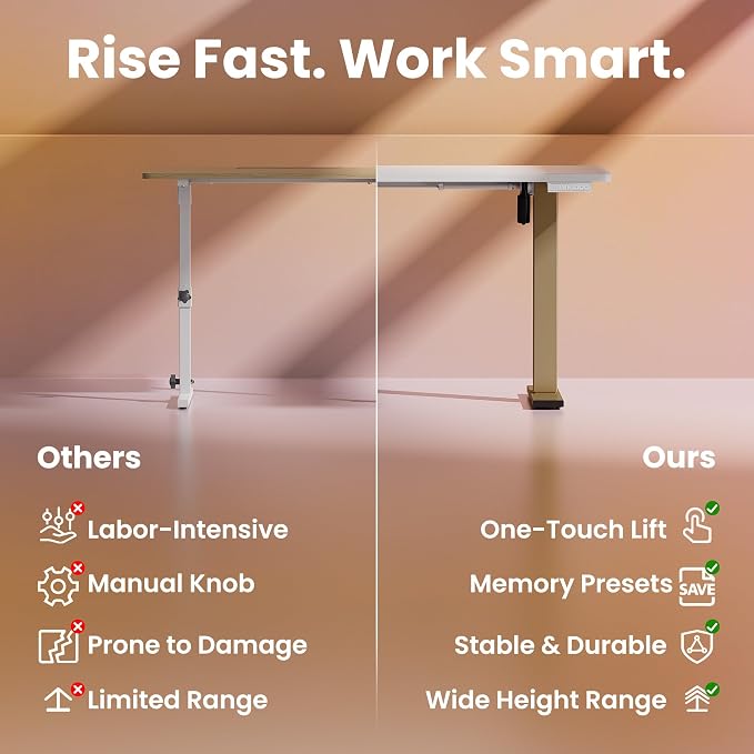 HUANUO 32" Small Electric Standing Desk Adjustable Height, 4 Memory Height Settings, Sit Stand Up Desk for Home Office & Computer Workstation, White and Gold Frame - Image 6