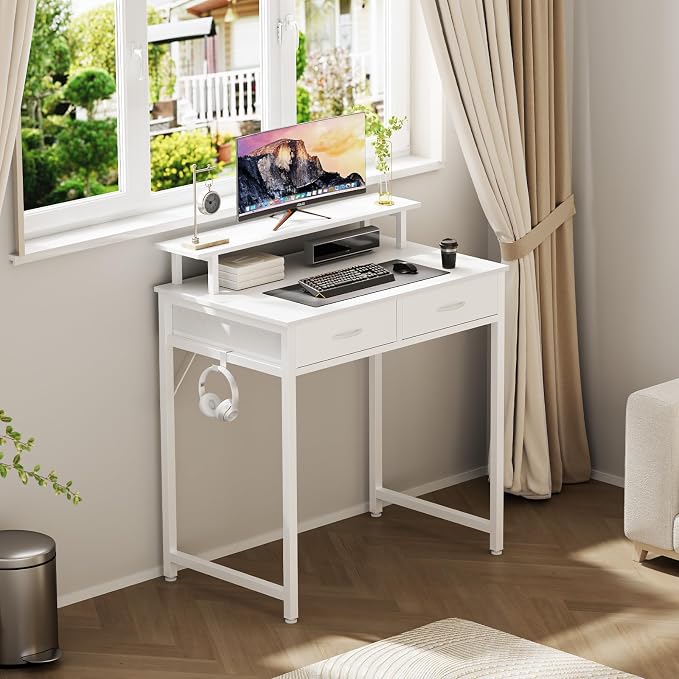 DUMOS 31-Inch Computer Desk with Drawers and Monitor Stand, White | Small Writing Desk for Home Office with Headphone Hook, Compact Study Table for Bedroom - Image 2