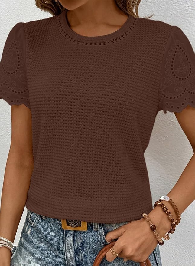 SHEWIN Womens Frenchy Summer Tops Crewneck Short Sleeve T Shirts Casual Waffle Knit Jacquard Blouses Top Shirts - Image 4