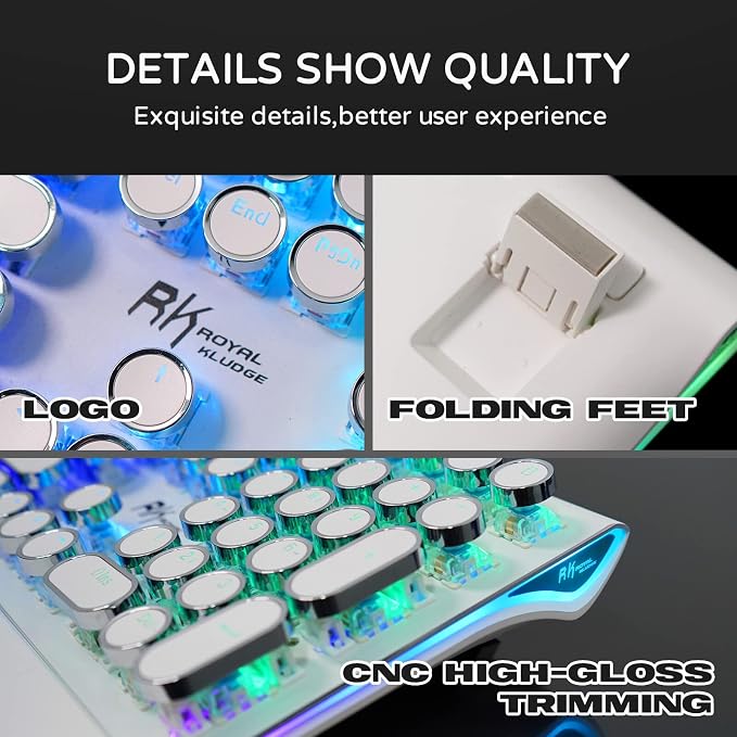 RK ROYAL KLUDGE S108 Typewriter Gaming Keyboard, Retro RGB Mechanical Keyboard, Full Size Wired Keyboards with Number Pad and Detachable Wrist Rest, Round Keycaps, Clicky Blue Switches White - Image 3