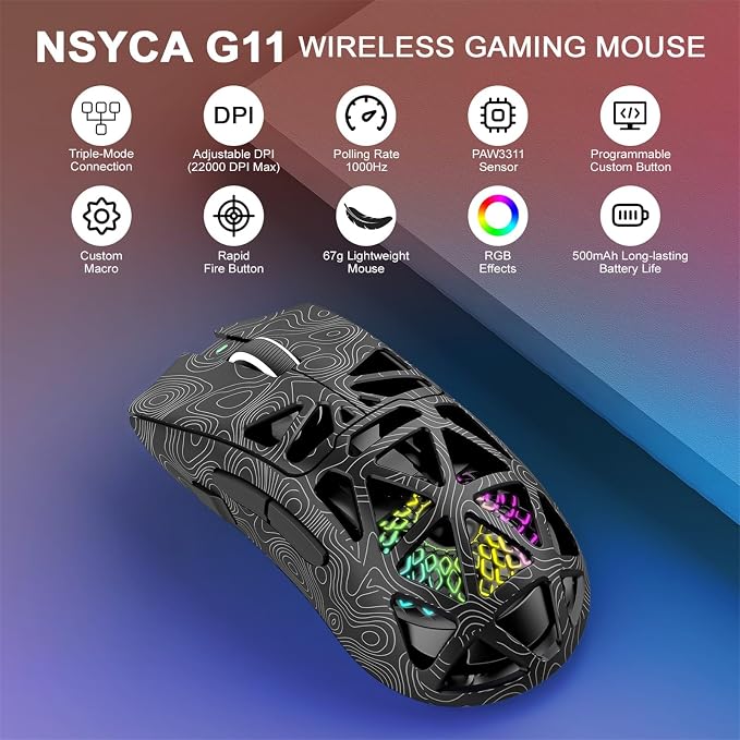G11 Lightweight Wireless Gaming Mouse for FPS & Competitive Gaming, Tri-Mode Bluetooth 5.1/2.4GHz/USB-C, 22000 DPI RGB Mouse with Programmable Buttons for PC, Laptop & Mac - Image 2