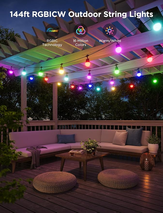 Govee Smart Outdoor String Lights 2, 144ft RGBIC Patio Lights with 45 Bulbs | Dimmable Warm White LED Bulbs, IP65 Waterproof, 47 Scene Modes for Backyard, Balcony, Work with Alexa, App Control - Image 6