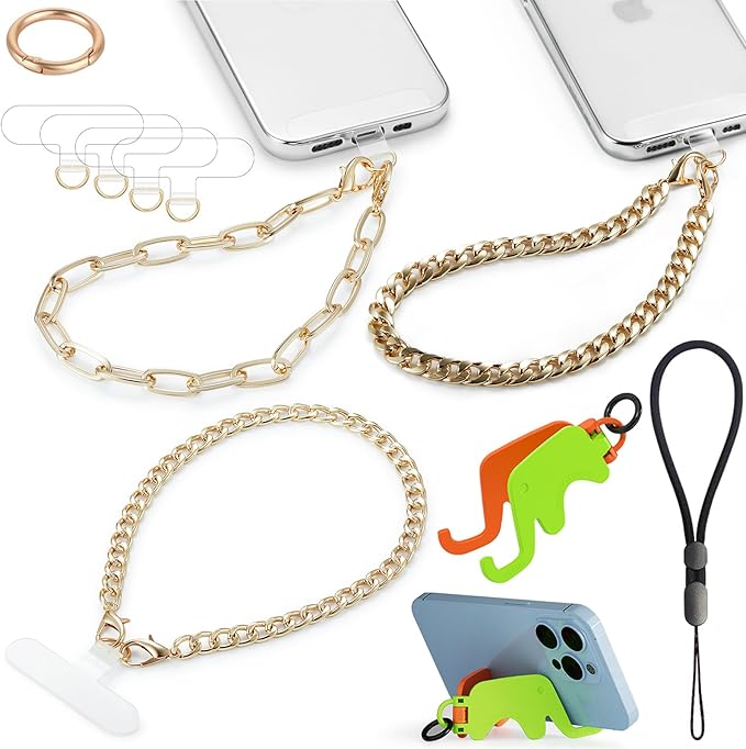 3 pcs Phone Charm with Gold Metal Chain Detachable Lanyard Hand Wrist Smartphone Strap Finger Grip Strap with 4 Patches Tether CellPhone Stand Holder Universal for iPhone 17 16 Pro Max Charms by Casecond