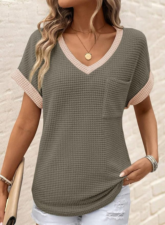 Dokotoo Womens Waffle Knit Tops 2026 Spring Summer V Neck Shirts Casual Trendy Women's Blouses Basic Tee - Image 2
