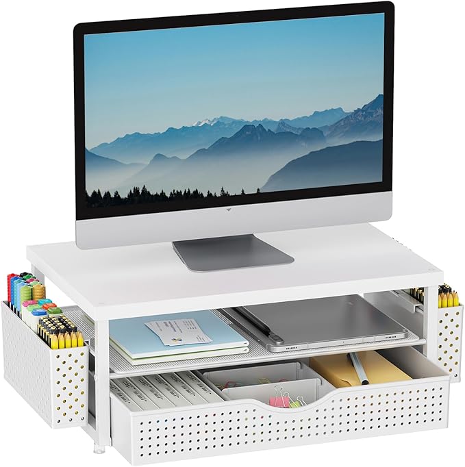 gianotter Desk Organizers and Accessories, Monitor Stand with Drawer and 2 Pen Holder, Desktop Organizer Suitable for Offices and Dormitories (White-Plain) by gianotter