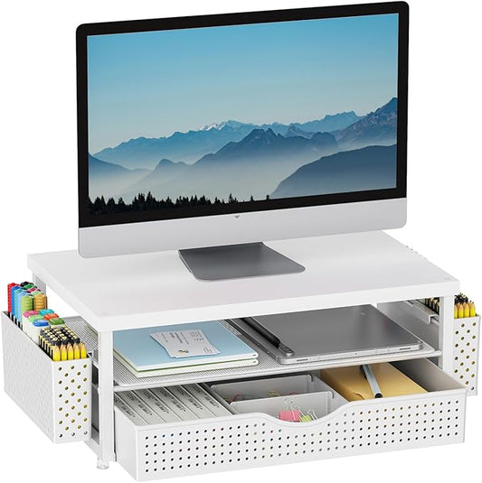 gianotter Desk Organizers and Accessories, Monitor Stand with Drawer and 2 Pen Holder, Desktop Organizer Suitable for Offices and Dormitories (White-Plain) by gianotter