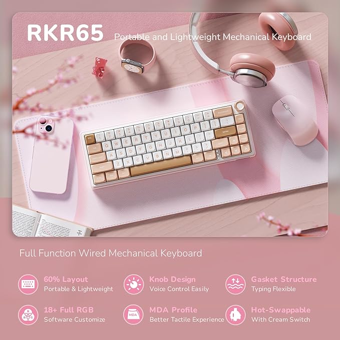 RK ROYAL KLUDGE R65 Wired Mechanical Keyboard with Volume Knob, 60% Percent RGB Backlit Gasket Mount Gaming Keyboard with PBT Keycaps, MDA Profile, QMK/VIA, 66 Keys Hot Swappable Cream Switch, Pink - Image 2