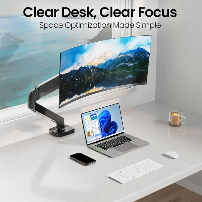 EVEO Premium Single Monitor Arm 14"–34", Adjustable Gas Spring Monitor Mount, Single Arm Desk Mount for 34 Inch Computer Screens, VESA Compatible Stand with Clamp and Grommet Base – Black - Image 5